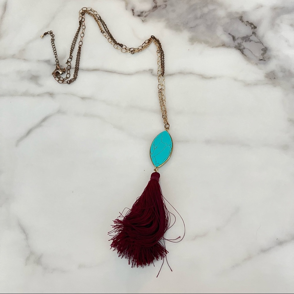 17’ chain necklace with blue pendant and maroon fringe tassel